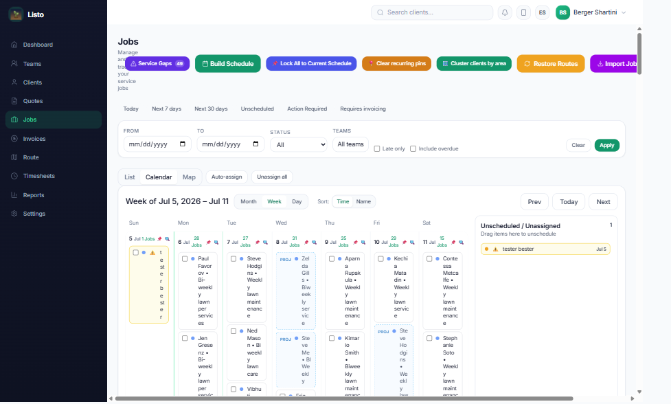 Jobs calendar in week view with jobs per day and an unscheduled panel