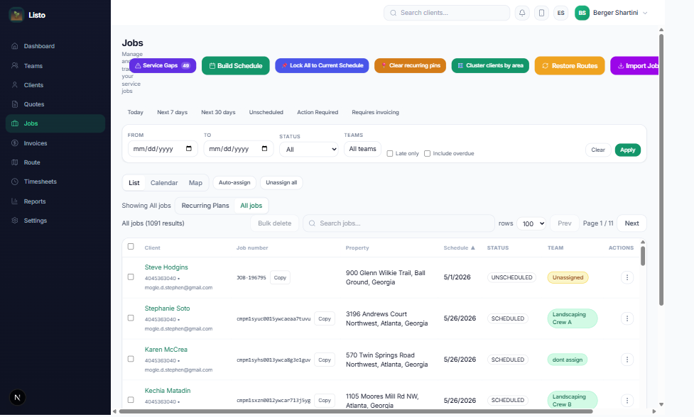 Jobs page in list view with filters, statuses, and team assignments