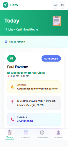 Mobile Today screen showing a job card with note, address, and call client actions