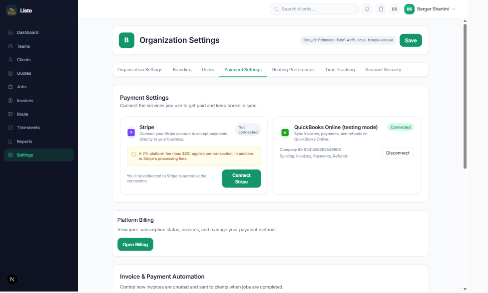 Payment Settings with Stripe connection, QuickBooks sync, and automation toggles