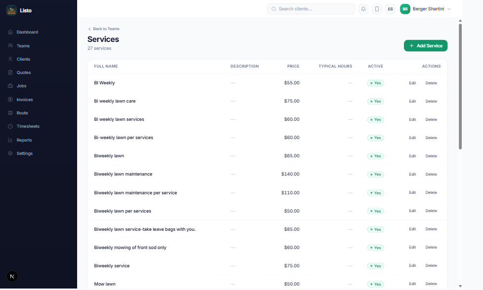 Services page listing services with price, typical hours, and active status