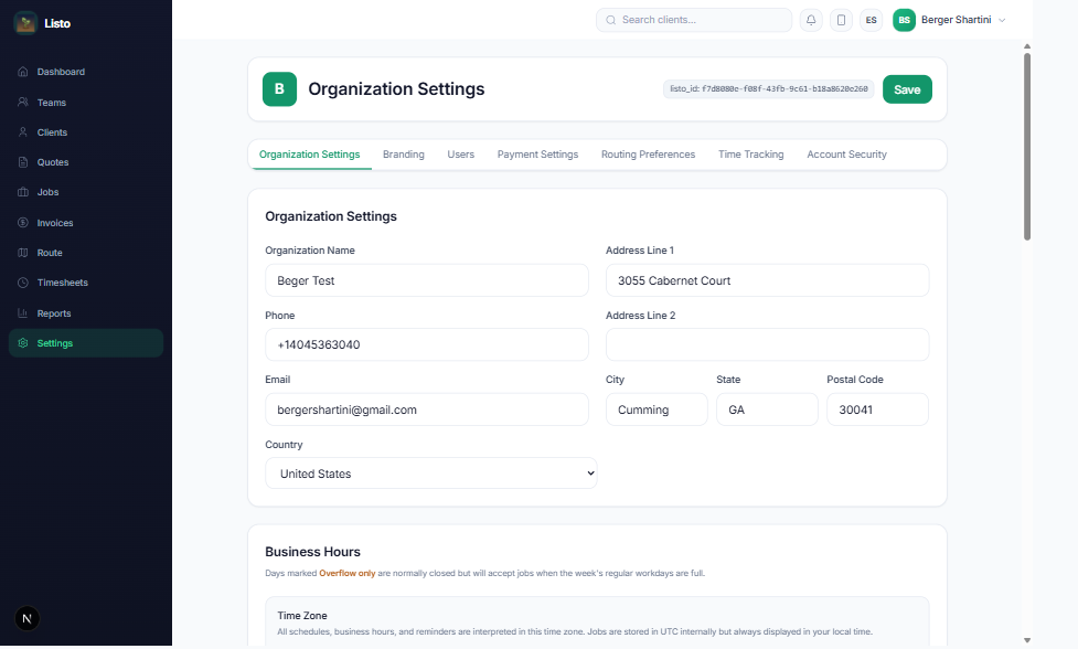 Organization Settings with company info and business hours