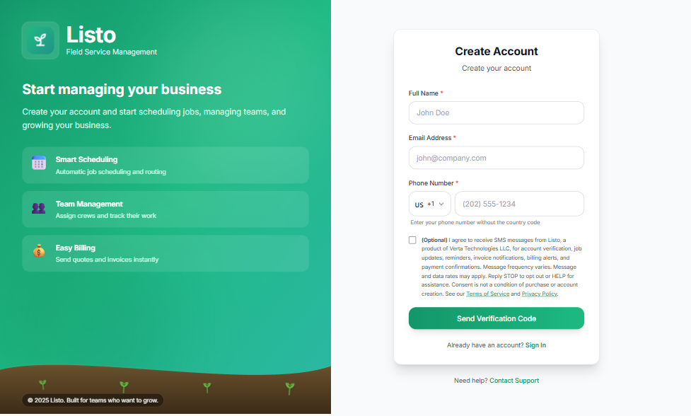 Listo signup page with the Create Account form