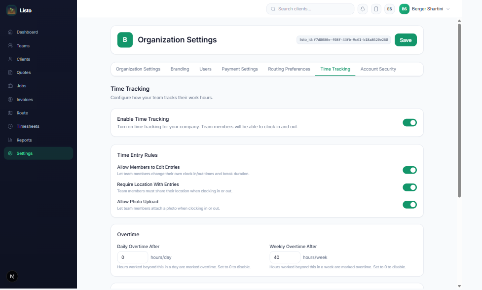 Time Tracking settings with entry rules and overtime configuration